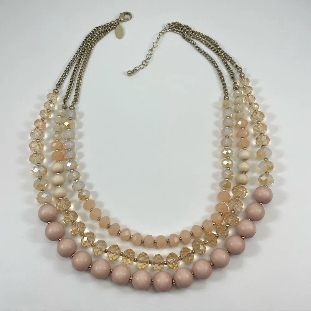 The Limited Gold Tone Blush Angle White Glass Wood Beaded Multi Layered Necklace
